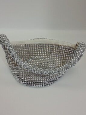 Silver Beaded Hobo Shoulder Bag Y2K Evening Party Purse Rhinestone Look